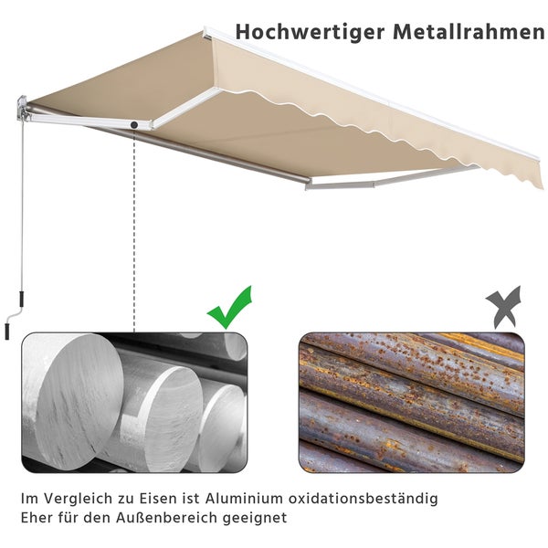 Markise mit hochwertigem Metallrahmen und Vergleichsbildern zur Oxidation von Aluminium und Eisen