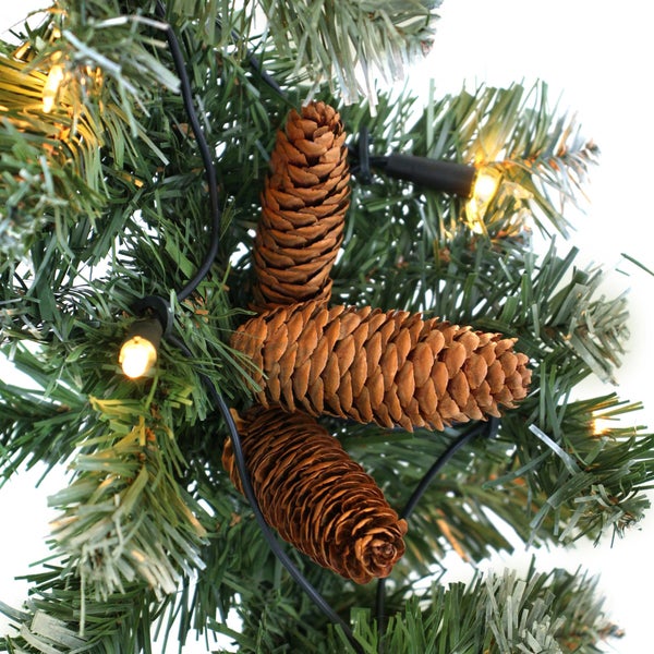 Nahaufnahme eines Weihnachtsbaums mit Tannenzapfen und Lichterkette.