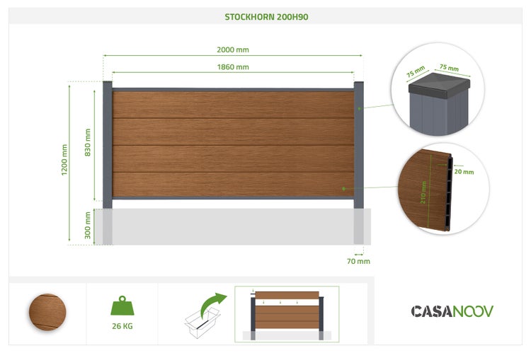 Infografik für Casanoov Stockhorn Zaunelement: 2000 mal 1200 Millimeter, Paneelhöhe 830 Millimeter, 26 Kilogramm, Casanoov Logo.