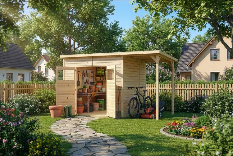 Helles Gartenhaus aus Holz mit Pultdach, offenen Türen und integriertem Unterstand für Fahrrad und Rasenmäher in einem gepflegten Garten.