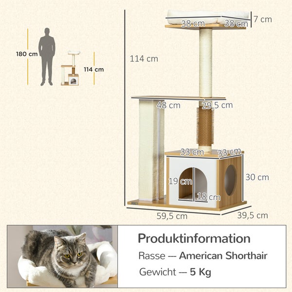 PawHut Kratzbaum, 114 cm hoch, Katzenbaum, mehrstöckiger Kletterbaum mit Katzenbett, Katzenhöhle, Katzenmöbel mit Kitzelsäule, Katzenkratzbaum für Katzen bis 5 kg, Eiche