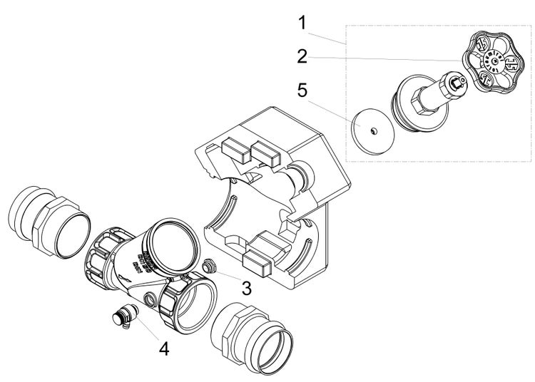 Explosionszeichnung einer Armatur mit Dämmschale und nummerierten Einzelteilen für die Sanitärinstallation.
