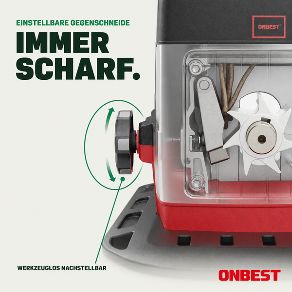 Detailansicht eines ONBEST Walzenhäckslers mit werkzeuglos einstellbarer Gegenschneide und Drehrad für präzise Ergebnisse.