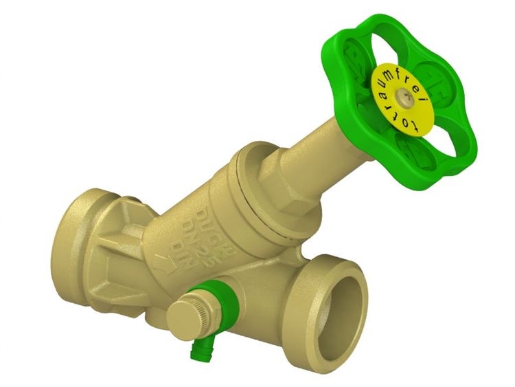 Schrägsitzventil aus Messing mit Nennweite 25, grünem Handrad und Entleerung.