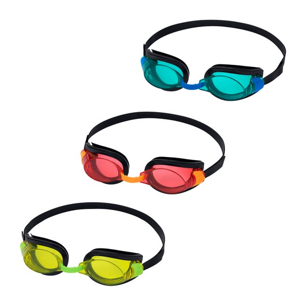 Drei Schwimmbrillen mit farbigen Gläsern und schwarzen verstellbaren Kopfbändern.