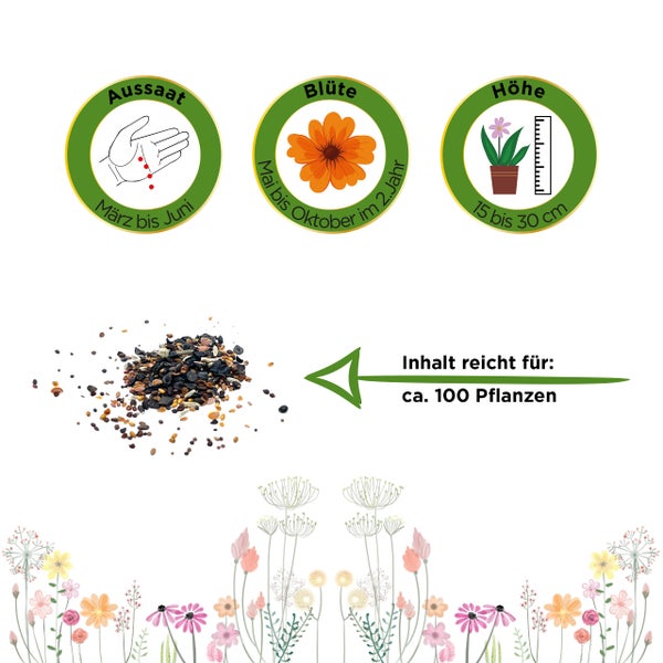 Informationen zur Aussaat von März bis Juni, Blüte von Mai bis Oktober im zweiten Jahr, Wuchshöhe 15 bis 30 Zentimeter und Inhalt für circa 100 Pflanzen.