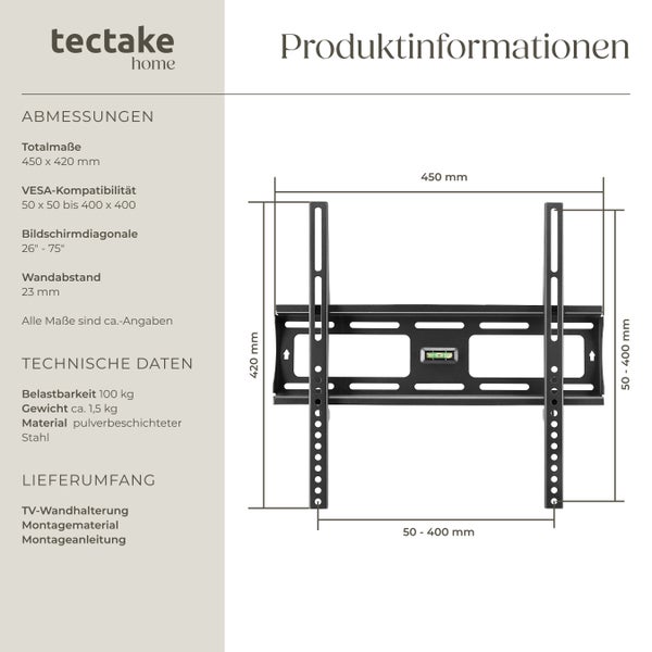 Produktinformationen zur TV-Wandhalterung mit Abmessungen und technischen Daten