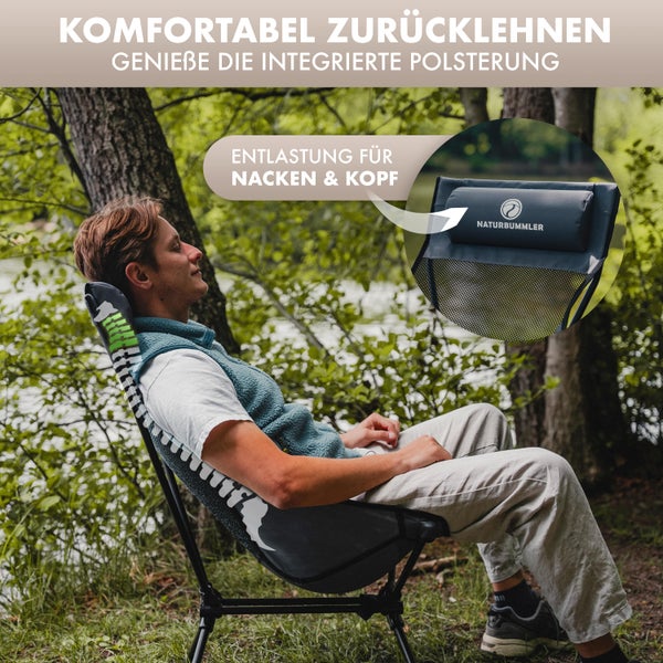 NATURBUMMLER® Kompakter und leichter Campingstuhl [Cloud Light+] mit atmungsaktivem Netzgewebe & hoher Rückenlehne – 100 kg belastbar – Bequemer Campingsessel für Garten, Camping, Angeln & Out
