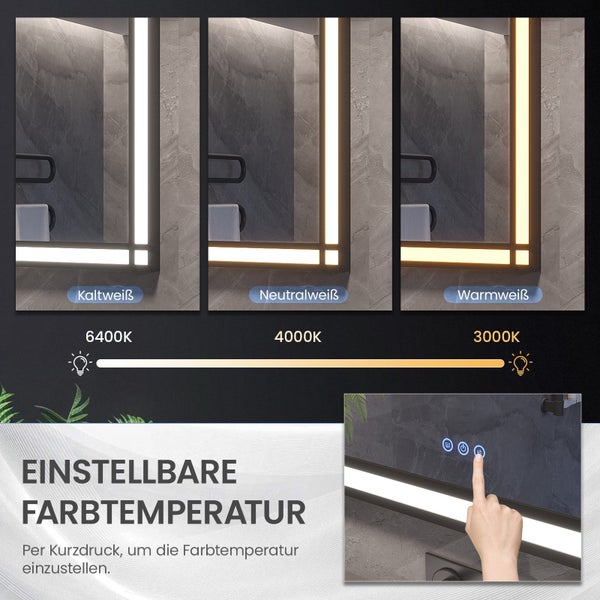 Badezimmerspiegel mit einstellbarer Farbtemperatur von 3000 Kelvin bis 6400 Kelvin und Touch Bedienung zur Steuerung der LED Beleuchtung.