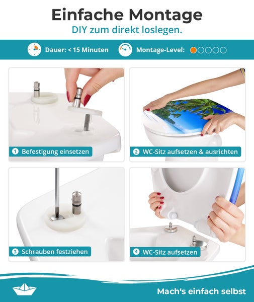 Calmwaters® WC Sitz Motiv Palmenparadies einfache Montage, Toilettendeckel bis 250 kg, Made in EU, antibakterieller Duroplast, Absenkautomatik, 2 Montage Optionen, abnehmbar, Klobrille, oval