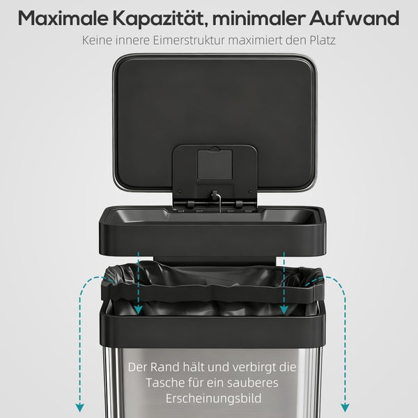 HOMCOM Mülleimer Küche 60 L Treteimer mit Soft-Close-Deckel, Offenhaltefunktion und Pedal Abfalleimer mit Fächer für Deodorant Abfallsammler, Edelstahl, Silber, 44 x 36 x 66,5 cm