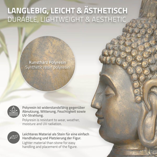ECD Germany Buddha Figur Kopf Statue 74,5 cm, aus Polyresin, Bronzeoptik, für Yoga, Feng Shui oder Meditationsraum, Haus, Wohnung & Garten, Innen/Außen, Dekoration Deko Skulptur Dekofigur Gartenfigur