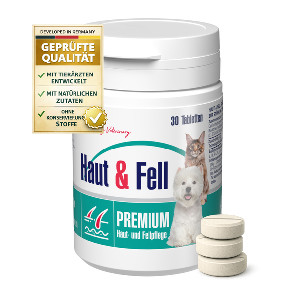 Haut und Fell Premium Tabletten zur Haut- und Fellpflege für Hunde und Katzen, 30 Stück, mit natürlichen Zutaten, ohne Konservierungsstoffe.