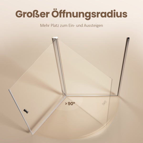 Duschkabinentür aus Glas mit einem Öffnungswinkel von mehr als 90 Grad für einen bequemen Ein- und Ausstieg.
