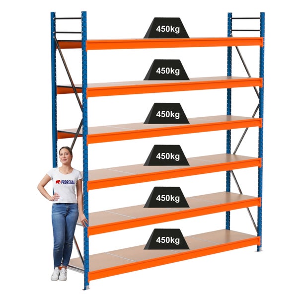 Lagerregal mit sechs Ebenen und einer Tragfähigkeit von 450 Kilogramm pro Ebene.