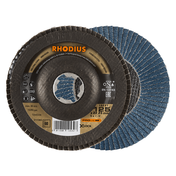 RHODIUS Fächerscheibe LSZ F1 X-LOCK, 10 Stück, 125 x 22,23 mm, Korn 60, für Edelstahl, Stahl, Metall, PROline