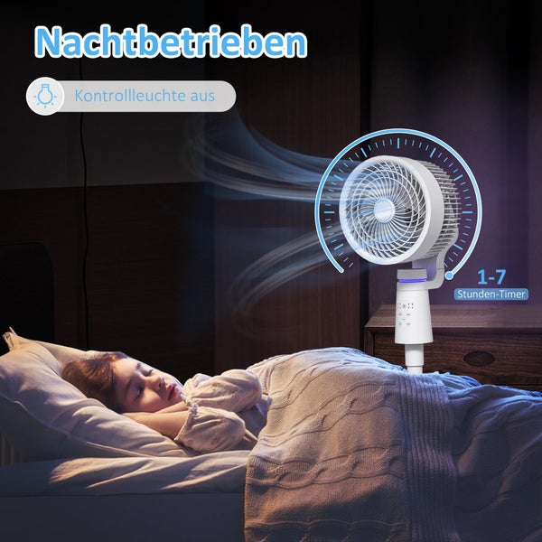 Weißer Tischventilator im Schlafzimmer eines Kindes mit Nachtmodus, ausgeschalteter Kontrollleuchte und Timer-Funktion für 1 bis 7 Stunden.