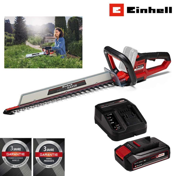 Akku-Heckenschere Einhell Arcurra mit 18 Volt 2,5 Amperestunden Akku, Ladegerät und Hedgeraker. Einhell Logo. 3 Jahre Garantie nach Registrierung.