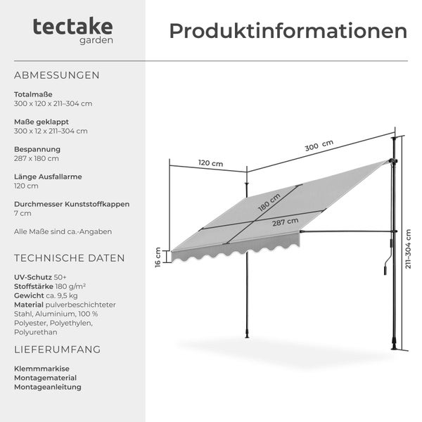 tectake garden Logo. Produktinformationen für eine Klemmmarkise: Abmessungen, technische Daten wie Ultraviolett-Schutz 50 plus und Lieferumfang.
