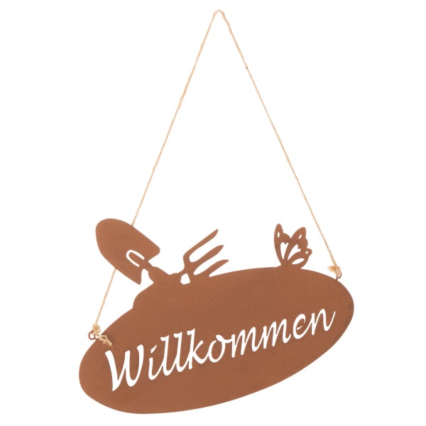 Willkommensschild aus Metall in Rostoptik mit Silhouetten von Schaufel, Gartenkralle und Schmetterling, Schriftzug Willkommen, zum Aufhängen.