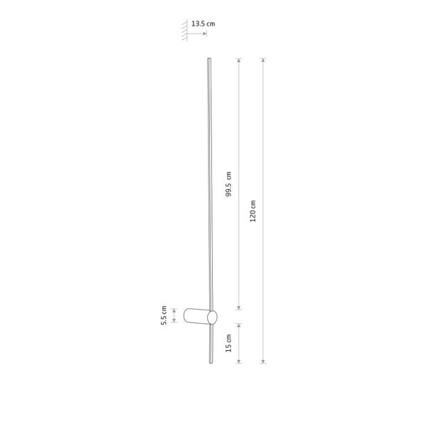 Maßzeichnung vertikale Wandleuchte: Gesamthöhe 120 Zentimeter, Tiefe 13,5 Zentimeter, Halterungshöhe 5,5 Zentimeter.
