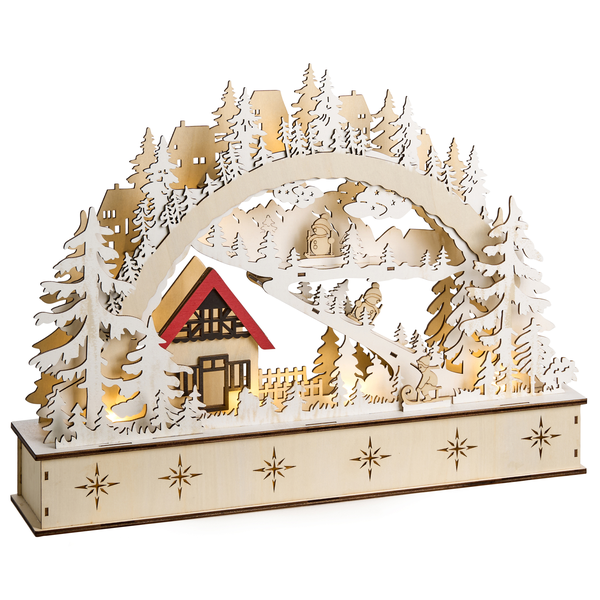 Holz-Lichterbogen mit Winterdorfmotiv und LED-Beleuchtung