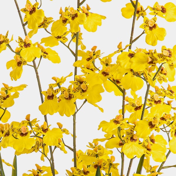 Künstlicher Orchideenzweig mit weißen Blüten und grüner Knospe.
