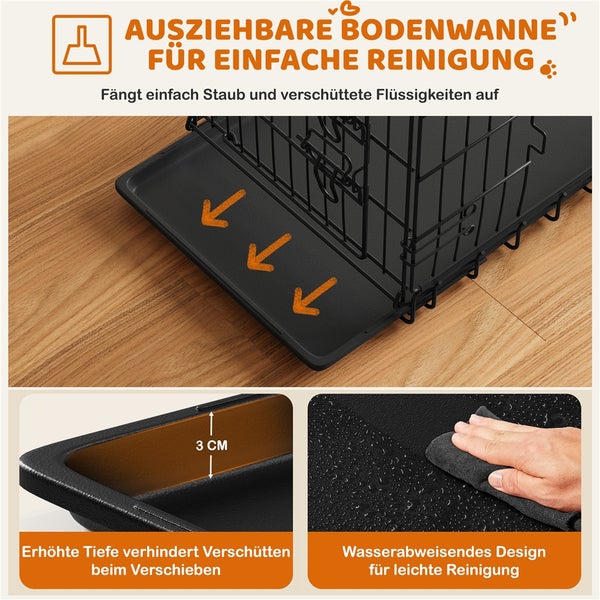 Ausziehbare Bodenwanne unter einem Abtropfgestell zur einfachen Reinigung.