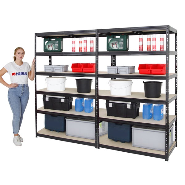 PROREGAL Mega Deal 2x Schwerlastregal Giant Tiger HxBxT 200 x 120 x 60 cm Fachlast 265 kg 6-Ebenen Schwarz
