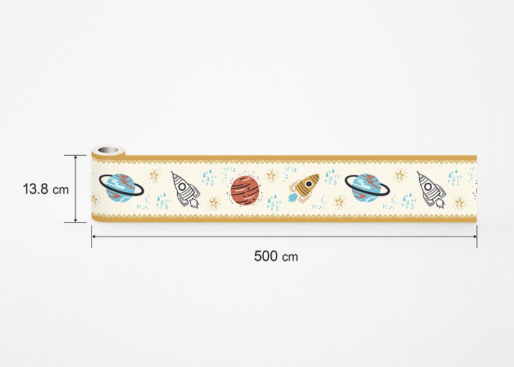 Selbstklebende Tapetenbordüre mit Weltraum-Motiv, Planeten, Raketen und Sternen, Maße 13,8 Zentimeter mal 500 Zentimeter.