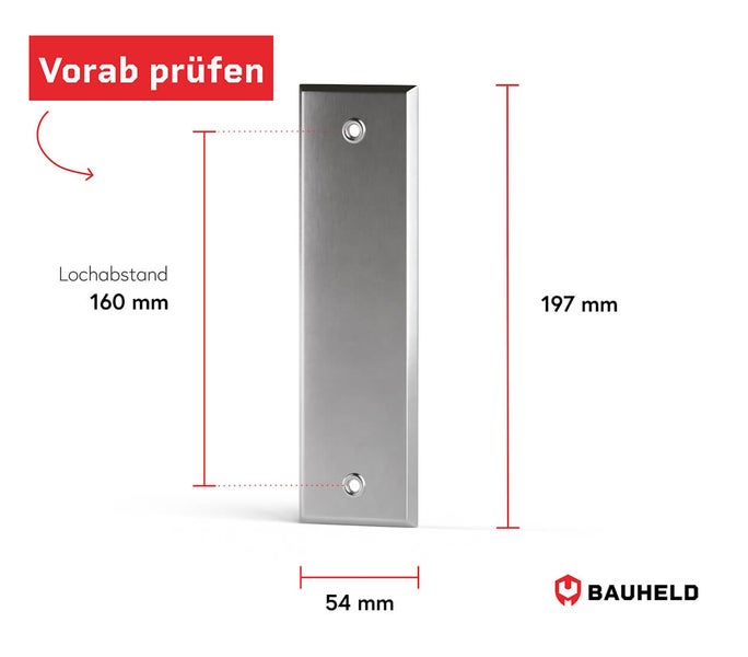 Edelstahl Türdrücker Abdeckung mit den Maßen 197 mm mal 54 mm und einem Lochabstand von 160 mm
