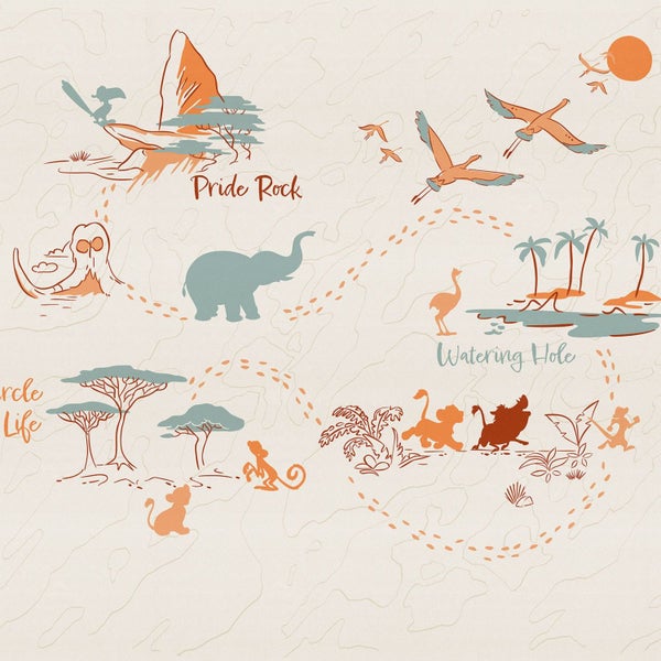 Illustration einer Karte mit Tieren und Sehenswürdigkeiten, darunter der Königsfelsen und ein Wasserloch