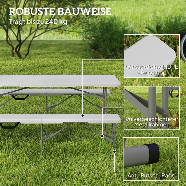 Outsunny 2er Set Bierzeltbank Klappbank 2 Personen 182cm klappbar Partybank mit Tragegriff, Metallbeine, wetterfest Campingbank für Indoor, Outdoor, Gartenbank bis 240 kg belastbar, Weiß