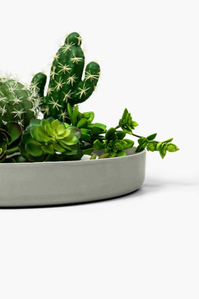 Arrangement aus künstlichen Kakteen und Sukkulenten in einer flachen runden grauen Schale.