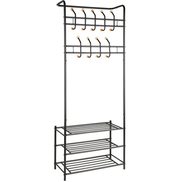 Schwarzer Metall-Garderobenständer mit mehreren Haken und dreistöckigem Schuhregal.