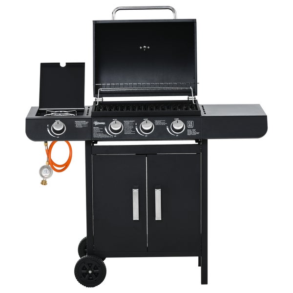 Outsunny Gasgrill, BBQ Grillwagen, mit 3 Brennern, 1 Seitenbrenner, 110 x 50 x 100 cm, DruckmindererStahl, Schwarz