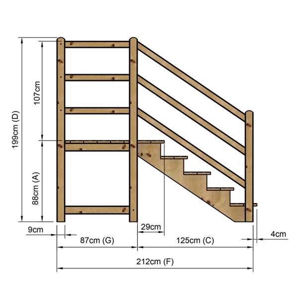 Technische Zeichnung einer Holztreppe mit Maßangaben