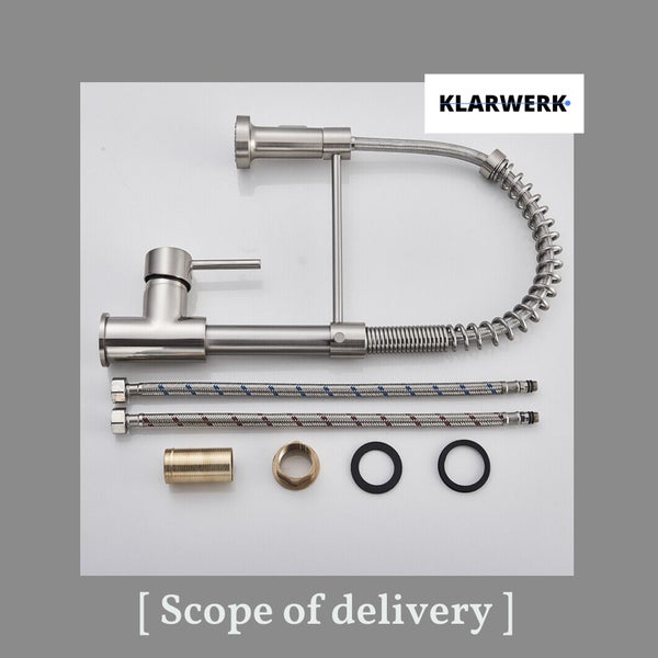 Lieferumfang der Klarwerk Küchenarmatur mit Spiralfeder-Auslauf, zwei Anschlussschläuchen, Befestigungssatz und Dichtungen.