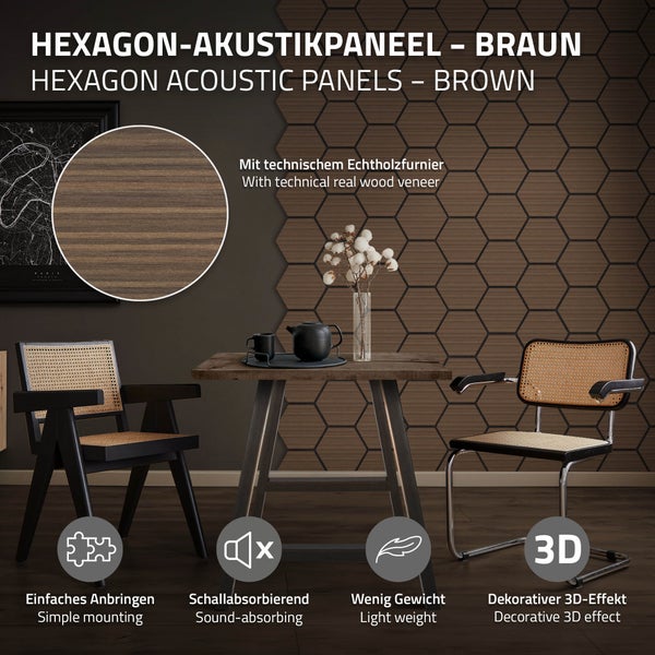 ML-Design 2er Set Akustikpaneele 66x81x2cm für 1m² – Braun, MDF Akustikplatten in Hexagon-Holzoptik, Wandpaneele zur Schalldämmung, Wandverkleidung für Büro, Studio, Schallschutz & Akustikbehandlung