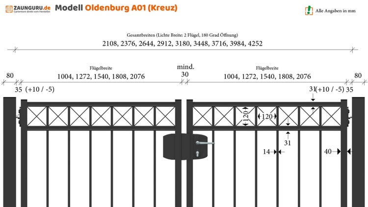 Gartentor ZAUNGURU BASIC-Line Oldenburg Kreuz aus Metall, Höhe: 183cm, Breite: 334cm, 2-flügelig inkl. Pfosten, Schloss und Zubehör, Feuerverzinkt und zusätzlich in RAL 7016 Anthrazitgrau pulverbeschichtet