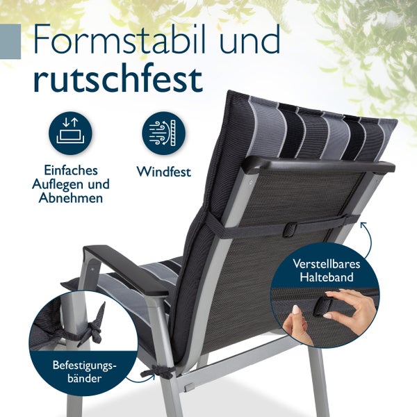 Formstabile, gestreifte Gartenstuhlauflage für Hochlehner mit verstellbarem Halteband und Befestigungsbändern für rutschfesten und windfesten Halt.