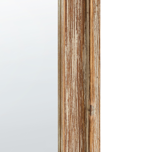 Nahaufnahme eines Holzrahmens im Vintage-Stil mit weißem Antik-Finish und sichtbarer Maserung.