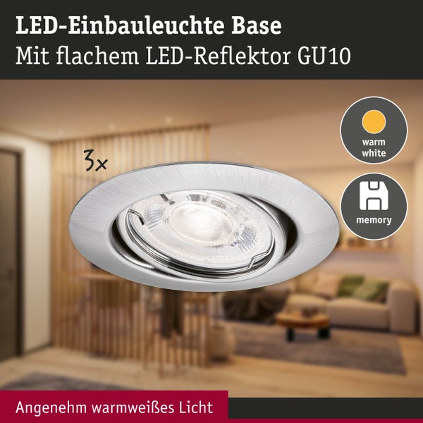 3er Set LED-Einbauleuchten Base mit flachem GU10 LED-Reflektor, warmweißem Licht und Memory-Funktion.