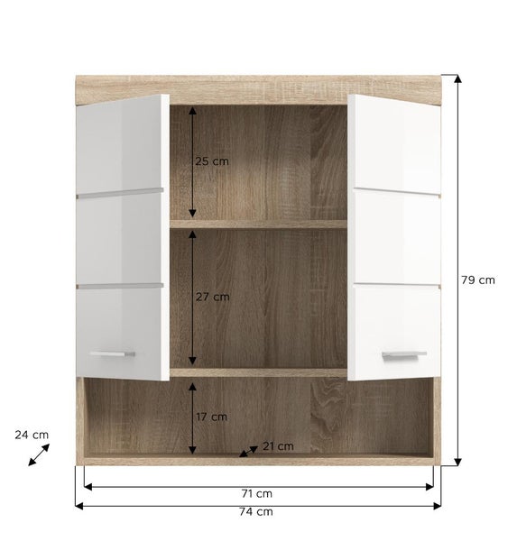 Bad-Wandschrank mit zwei weißen Türen und Holzkorpus, Maßangaben: Höhe 79 Zentimeter, Breite 74 Zentimeter, Tiefe 24 Zentimeter.