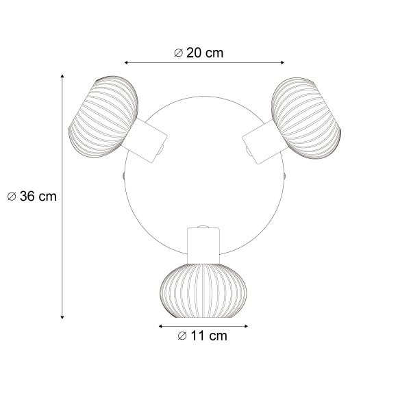 Technische Zeichnung einer Deckenleuchte mit drei Strahlern und Maßangaben.