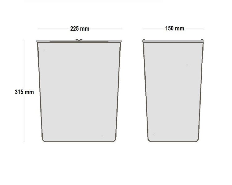 Maßskizze eines Mülleimers: Höhe 315 Millimeter, Breite 225 Millimeter, Tiefe 150 Millimeter.
