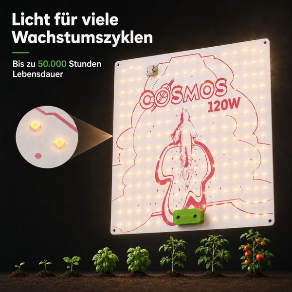 LED-Pflanzenlampe Cosmos 120 Watt, COSMOS Logo, 50.000 Stunden Lebensdauer, geeignet für verschiedene Wachstumsphasen von Pflanzen.