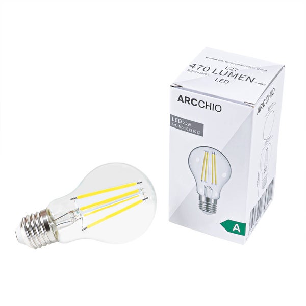 Arcchio LED-Filament-Leuchtmittel E27 mit 2,2 Watt und 470 Lumen in Warmweiß mit Produktverpackung.