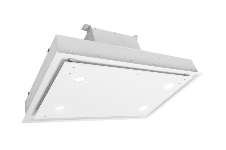 Einbau-Dunstabzugshaube zur Deckenmontage mit flacher Bauweise und integrierter LED Beleuchtung für eine moderne Küchenabluftlösung.