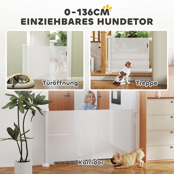 Einziehbares Hundetor in verschiedenen Wohnbereichen dargestellt: Türöffnung, Treppe und Korridor